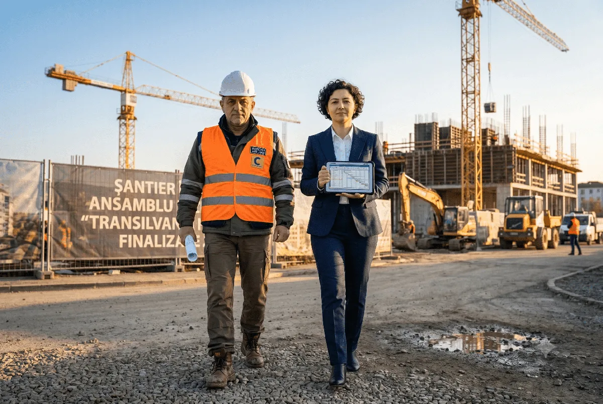 Echipa de management și dirigenție colaborând pe șantier